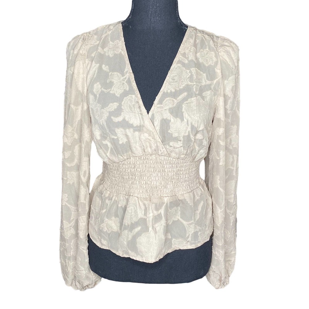 Sincerely Jules Women Tan Long Sleeve Sheer Smocked Lace Peplum Top Blouse S